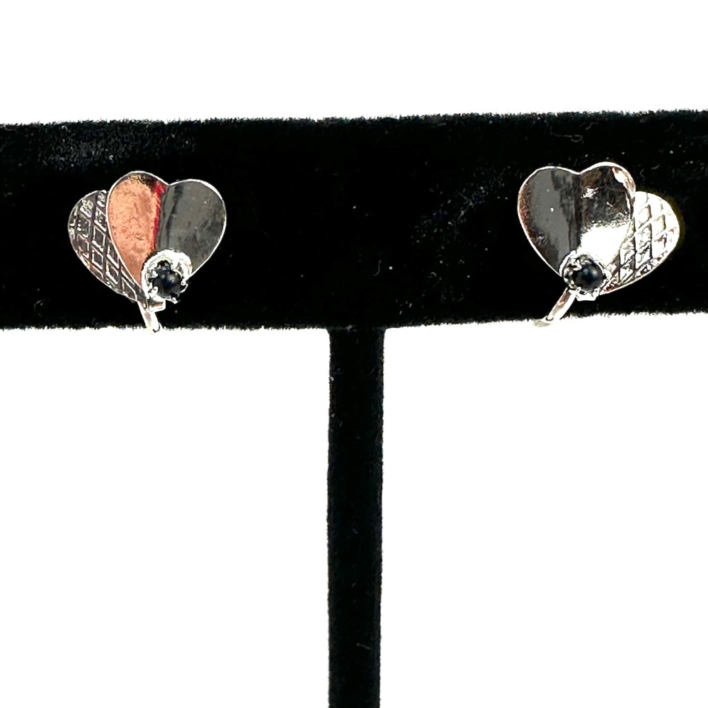 Vintage Double Heart Clip On Earrings Women OS Silver Excellent Textured Accent